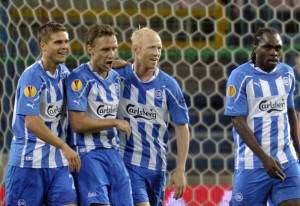 I giocatori dell'Odense festeggiano dopo un gol (Getty Images)